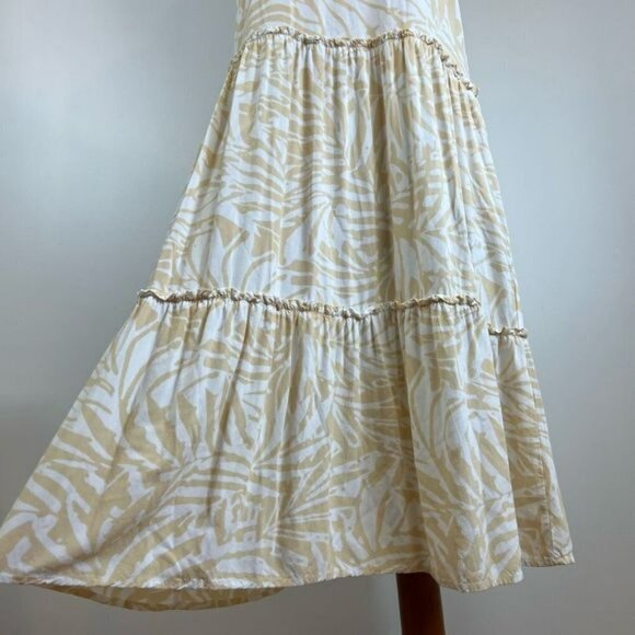 Patrons Of Peace Dress Size M Maxi Ruffle Tier Tie Neck Off Shoulder Tan White - Picture 11 of 13